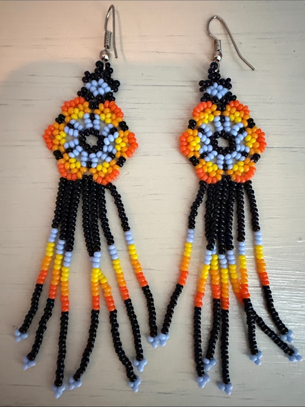 Handmade Black, Yellow & Orange Beaded Fringe Earrings